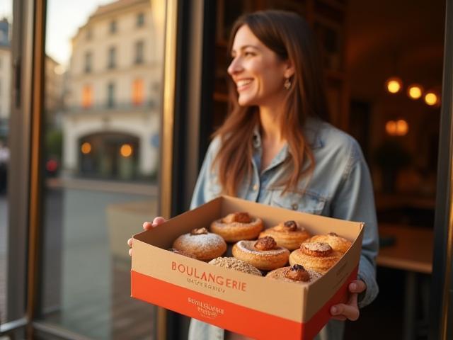 Image moderne d’un client recevant une boîte de pâtisseries Boulangerie Moderne commandée en ligne